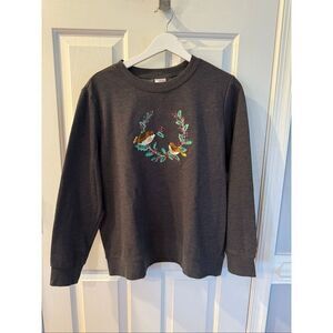 Holiday Editions Gray Chickadee Embroidered Holiday Christmas Sweatshirt sz L NW